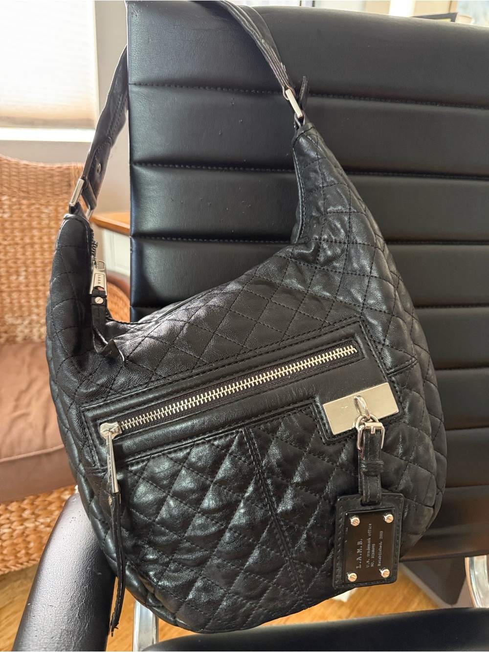 L.A.M.B. Black Quilted Leather Hobo with Branded Plate